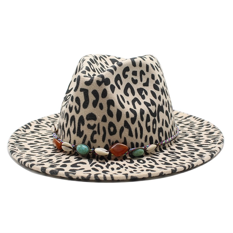 Leopard Print Fedora Hat For Women Men Wide Brim Wool Felt Jazz Cap With Bohemian Ethnic Bead Shell Decorative Band