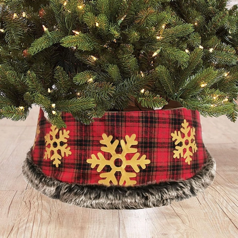 Weihnachtsbaumkragen Rot Schwarz Kariert Mit Goldener Schneeflocke Und Kunstpelzrand Kunststoffbasis Für Feiertagsdekor