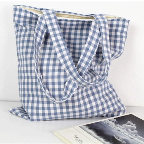 Borsa A Tracolla A Quadri Gingham Blu Da Donna Borsa Tote In Cotone Lino Tela Grande Capacità Cerniera Artistica