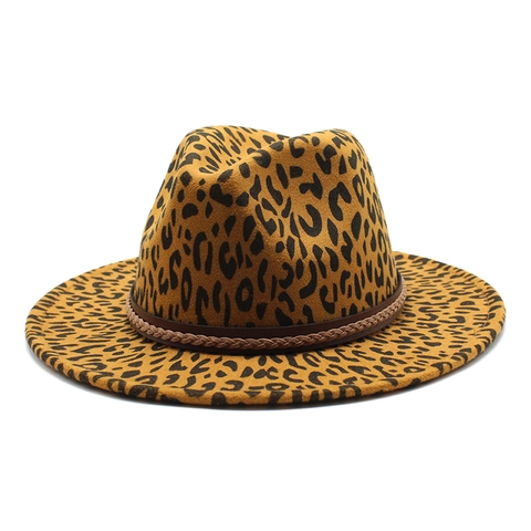 Leopard Print Fedora Hat Vintage Cotton Polyester Felt Wide Flat Brim Jazz Cap With Braided Band For Men Women Western Style