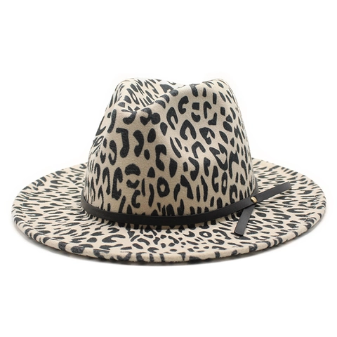 Fedora Hut Mit Leopardendruck Wollfilz Breite Krempe Gürtelschnalle Retro Jazz Stil