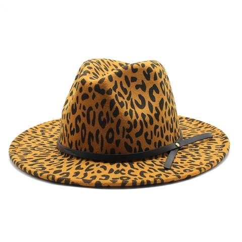 Fedora Hut Mit Leopardendruck Wollfilz Breite Krempe Gürtelschnalle Retro Jazz Stil