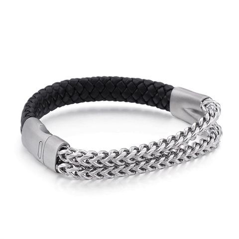 Men Bracelet Stainless Steel And Genuine Leather Braided Rope Dual Row Chain Punk Rock Fashion Jewelry