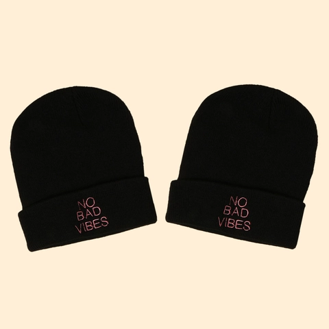 Beanie Acrylic Knitted Hat No Bad Vibes Embroidery Pink Text Folded Cuff Winter Warm Streetwear Casual For Men Women