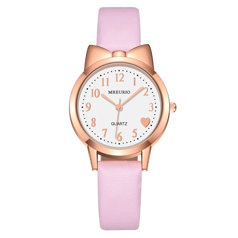 MREURIO Cute Cat Ear Case Quartz Watch For Women Kids Rose Gold Silver Metal Case Heart Pattern Leather Strap Fashion Wristwatch