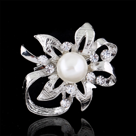Elegante Broche De Flor Y Lazo Aleación Perla Artificial De Imitación Estrás Plateado Joyería De Boda Para Mujer