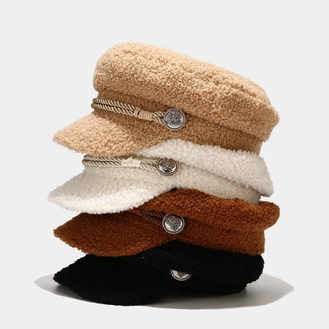 Berretto Newsboy Lana Di Agnello Sherpa Pile Caldo Spesso Cappello Baker Boy Con Corda Intrecciata E Bottone In Metallo