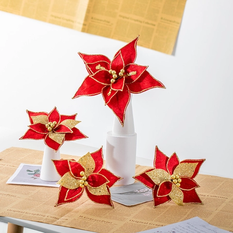Christmas Artificial Poinsettia Flowers Velvet Cloth With Glitter Sequins Tree Ornaments Wreath Decoration Festive Party Home