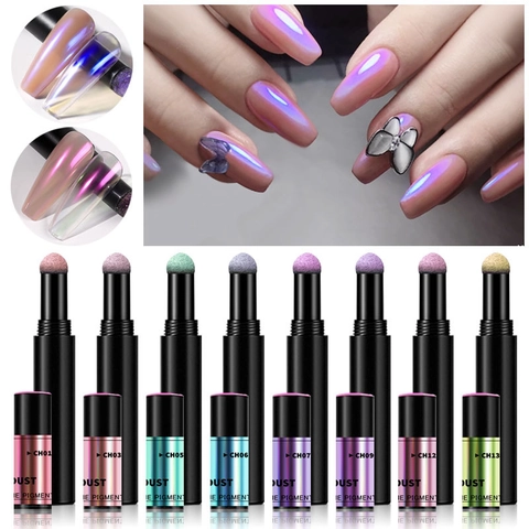 Aurora Chrome Nail Powder Air Cushion Pen Solid Iridescent Mirror Effect Manicure Tool Sponge Applicator Multifunctional