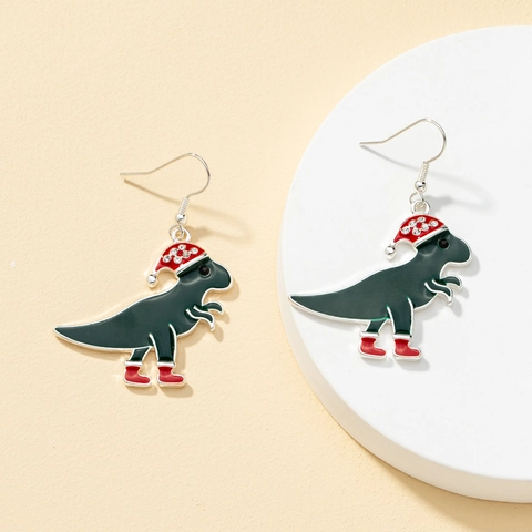 Orecchini Dinosauro Di Natale Lega Smalto Con Gancio Argento Cappello Rosso Animale Verde Gioielli Festivi Da Donna