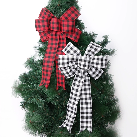 Weihnachts Schleifen Buffalo Karo Polyester Band Baumspitze Hängende Dekorationen Rot Schwarz Weiß Karos Handgefertigt
