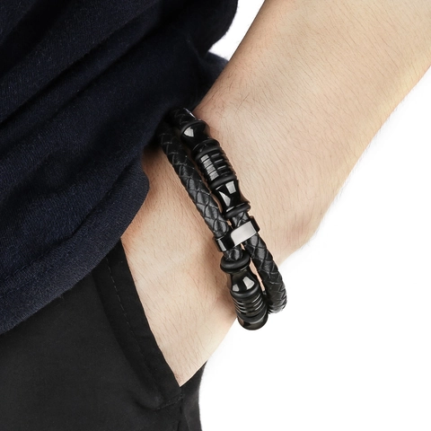 Bracciale Da Uomo In Pelle Intrecciata Multistrato Con Chiusura Magnetica In Acciaio Inossidabile Gioielli Punk