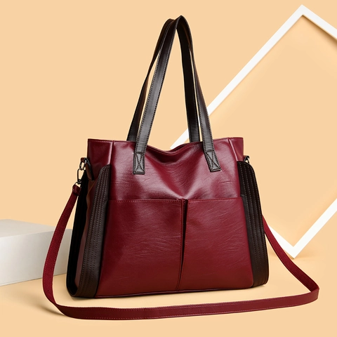 Women Large Capacity Tote Bag Contrast Color PU Leather Shoulder Handbag With Detachable Crossbody Strap Casual Fashion