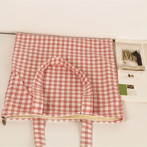 Women Shoulder Tote Bag Cotton Linen Canvas Gingham Plaid Pattern Japanese Mori Girl Style Minimalist Zipper Closure