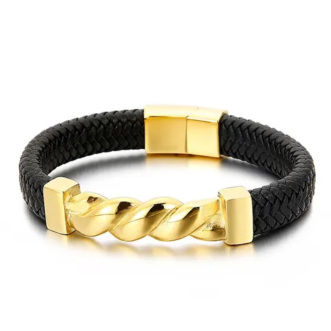 Bracciale In Pelle Intrecciata Da Uomo Con Ornamento A Torsione In Acciaio Inossidabile Chiusura Magnetica Stile Punk Moda