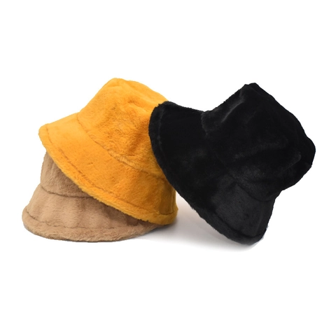 Faux Fur Bucket Hat Winter Warm Plush Solid Color Outdoor Fisherman Hat For Women Soft