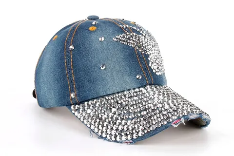 Rhinestone Butterfly Denim Baseball Cap For Women Shiny Crystal Brim Distressed Cotton Adjustable Casual Outdoor Fashion Hat
