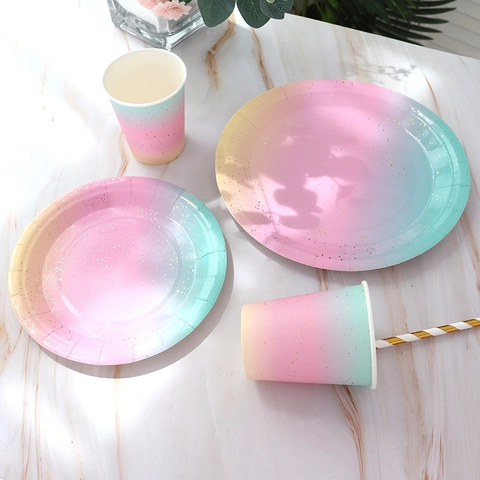 Stoviglie Per Feste Usa E Getta Sfumatura Arcobaleno Puntini Dorati Piatti Bicchieri Tovaglioli Per Decorazione Compleanno