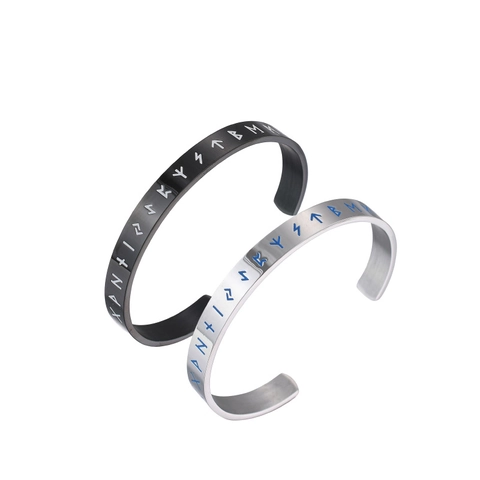 Bracciale Rigido Aperto Vichingo Nordico in Acciaio Inossidabile per Uomo Inciso Luminoso Nero Argento Gioielli di Moda