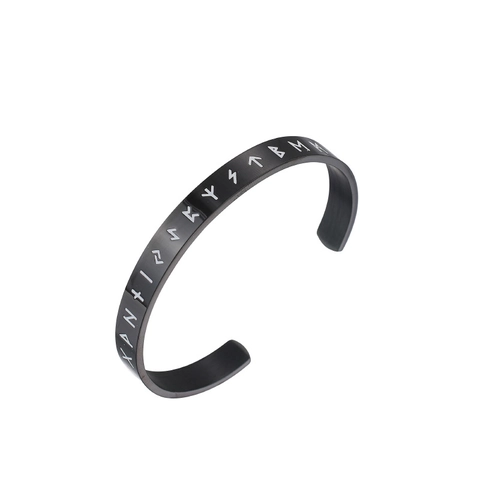 Bracciale Rigido Aperto Vichingo Nordico in Acciaio Inossidabile per Uomo Inciso Luminoso Nero Argento Gioielli di Moda