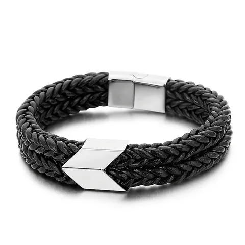 Pulsera Para Hombre De Cuero Trenzado De Doble Capa Con Cierre Magnético De Flecha De Acero Inoxidable