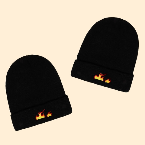 Beanie Hat Acrylic Knitted Flame Embroidery Ribbed Cuffed Warm Winter Streetwear Hip Hop Skull Cap For Men Women