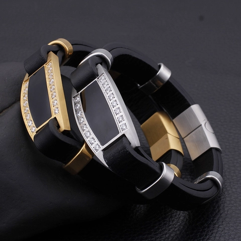 Bracciale Moda Uomo Acciaio Inossidabile Placcato Oro Vera Pelle Zirconia Stile Business Lusso