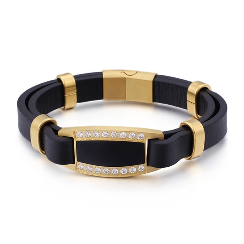 Bracciale Moda Uomo Acciaio Inossidabile Placcato Oro Vera Pelle Zirconia Stile Business Lusso