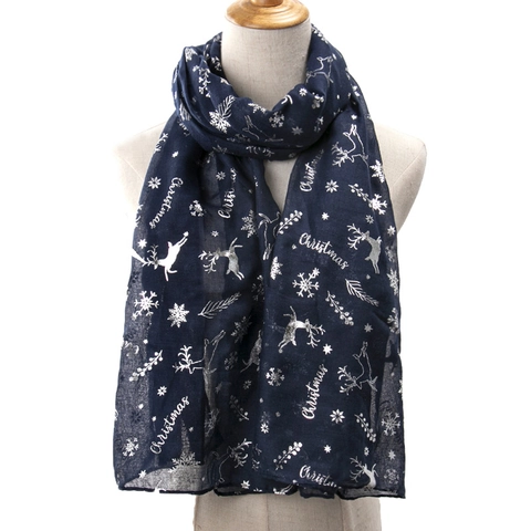 Kerst Sjaal Polyester Zilverfolie Rendier Sneeuwvlok Print Feest Vakantie Elegante Lange Omslagdoek Voor Dames Accessoire