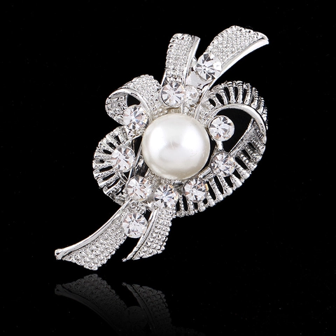 Elegant Alloy Silver Brooch Pin With Artificial Pearl And Rhinestone Flower Ribbon Design For Women Wedding Party Jewelry