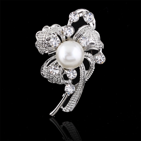 Elegante Broche De Flor Y Lazo Aleación Perla Artificial De Imitación Estrás Plateado Joyería De Boda Para Mujer