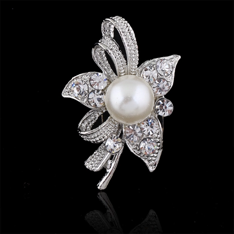 Elegant Flower Alloy Brooch With Artificial Pearl And Clear Rhinestones Fashion Wedding Party Jewelry Accessory Pin For Women