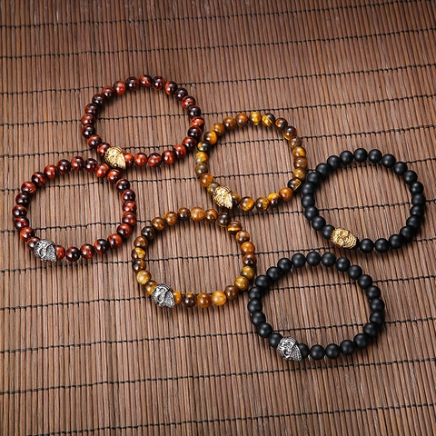 Bracciale In Perle Di Pietra Naturale Occhio Di Tigre Agata Nera Con Ciondolo A Teschio In Acciaio Inossidabile Gioielli Punk Uomo