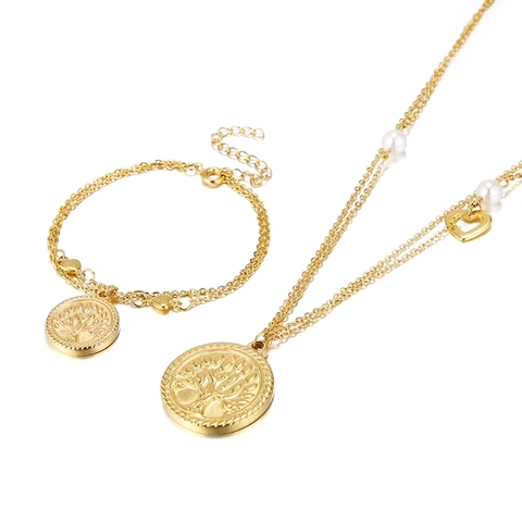 Tree Of Life Stainless Steel Necklace And Bracelet Women Double Layer Chain Faux Artificial Pearl Heart Pendant Elegant Jewelry