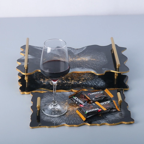 Irregular Wave Rectangle Tray Silicone Mold Mirror Surface Resin Craft DIY Jewelry Storage Plate Metal Handles