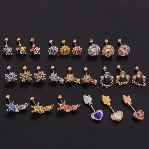 Ear Cartilage Helix Stud Piercing Earrings Stainless Steel Bar Copper Inlaid Colorful Zircon Screw Back Post Fashion