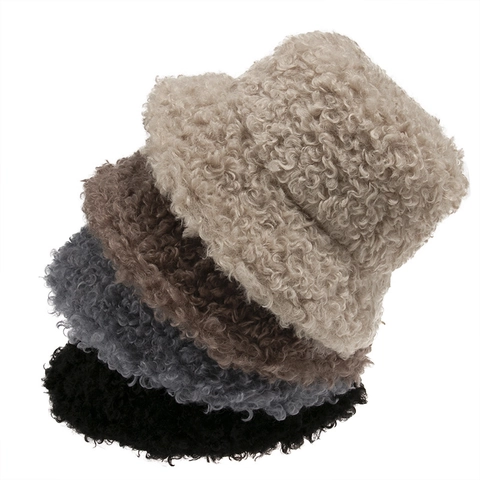 Solid Color Sherpa Bucket Hat Warm Winter Plush Fisherman Hat Retro Thick Casual Headwear For Women And Men