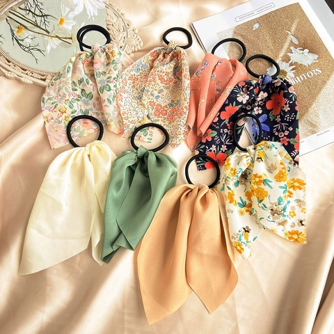 Floral Ribbon Hair Scrunchies Chiffon Bow Elastic Hair Ties Vintage French Style Ponytail Holder For Women Girls