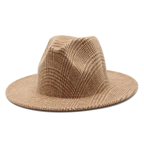 Classic Fedora Hat Wide Brim Wool Polyester Blend Plaid Houndstooth British Jazz Style Retro Unisex Headwear