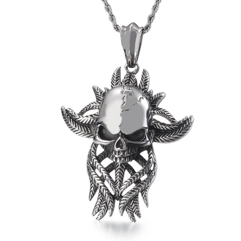 Pendente Teschio Collana Da Uomo Acciaio Inossidabile Stile Punk Gotico Piuma Ali Gioielli