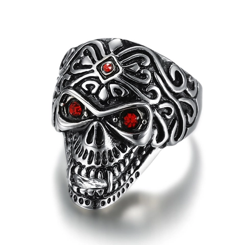 Vintage Skull Ring 316L Stainless Steel With Red Rhinestone Eyes Punk Gothic Men Jewelry Accessory