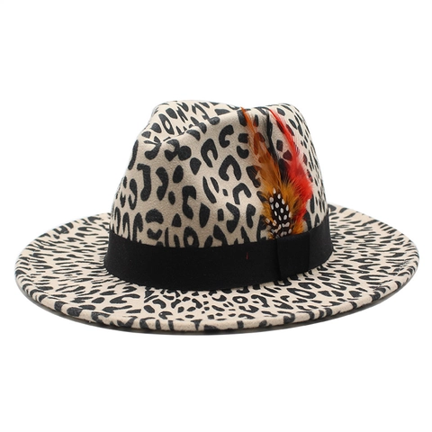 Leopard Print Fedora Hat Wool Felt Wide Brim Jazz Cap With Feather Decor Vintage Style For Men Women