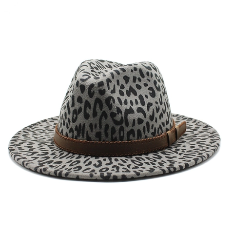Fedora Hoed Met Luipaardprint Wollen Vilt Brede Rand Jazzpet Met Kunstlederen Band Voor Heren Dames