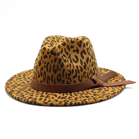 Luipaardprint Fedora Hoed Wollen Vilt Brede Platte Rand Jazz Pet Met Leren Riem Decoratie Retro Mode Voor Dames Heren