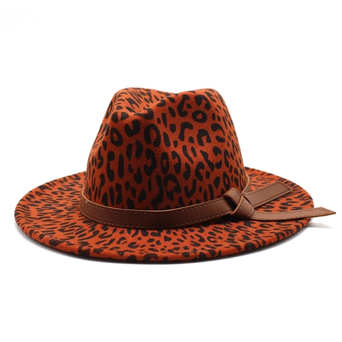 Luipaardprint Fedora Hoed Wollen Vilt Brede Platte Rand Jazz Pet Met Leren Riem Decoratie Retro Mode Voor Dames Heren