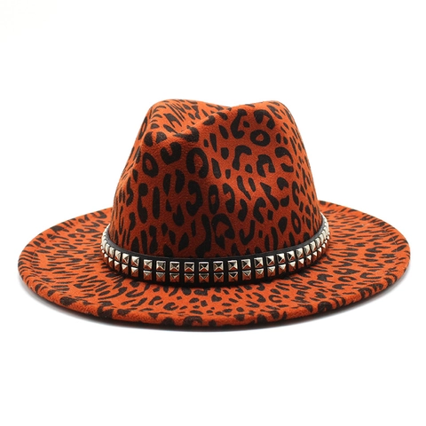 Leopard Print Fedora Hut Breite Flache Krempe Wollfilz Jazz Kappe Mit Dekorativem Nietengürtel Für Damen Herren