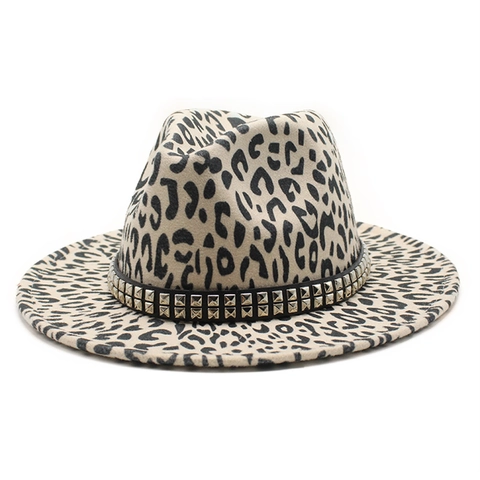 Leopard Print Fedora Hut Breite Flache Krempe Wollfilz Jazz Kappe Mit Dekorativem Nietengürtel Für Damen Herren
