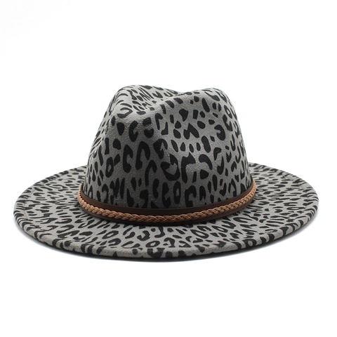 Leopard Print Fedora Hat Vintage Cotton Polyester Felt Wide Flat Brim Jazz Cap With Braided Band For Men Women Western Style