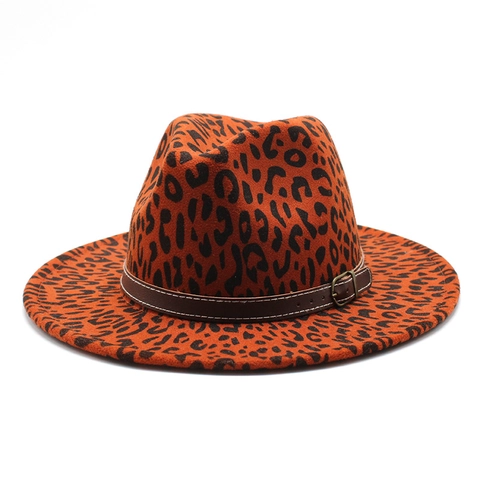 Luipaardprint Fedora Hoed Breedgerande Vilten Hoed Jazz Hoed Met Leren Band Metalen Gesp Vintage Stijl Voor Heren Dames