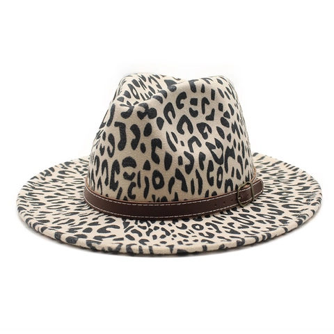 Luipaardprint Fedora Hoed Breedgerande Vilten Hoed Jazz Hoed Met Leren Band Metalen Gesp Vintage Stijl Voor Heren Dames